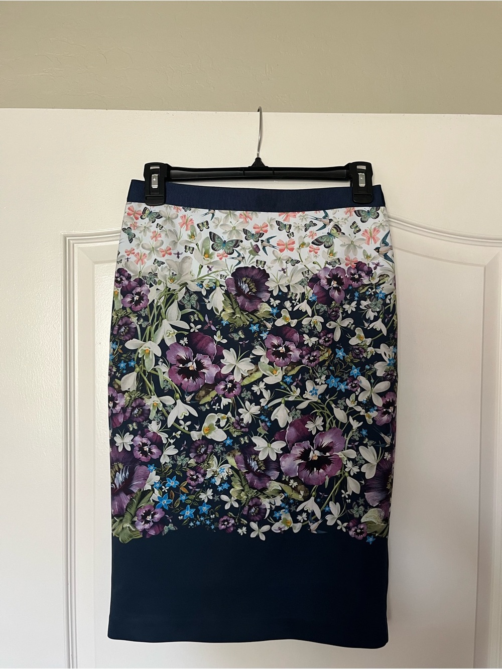 Ted Baker London Floral Navy Pencil Skirt with Purple & White Blooms